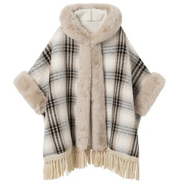 九条喵 格纹加厚加绒毛领斗篷式宽松绒感外套 女款 卡其色