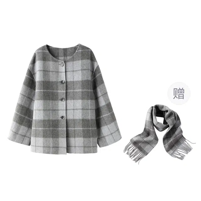 花栗鼠小姐 法式简约百搭宽松落肩长袖大衣 女款 灰格