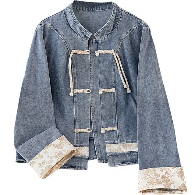 她池 新中式设计感立领盘扣水洗牛仔外套 女款 浅蓝色