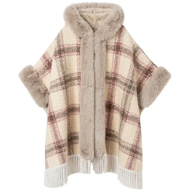 九条喵 加厚加绒斗篷毛领格纹流苏宽松绒感外套 女款 小麦色