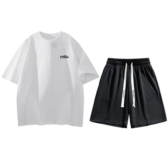 吾皇猫 美式简约基础款手绘字母印花宽松百搭直筒圆领五分裤垂感舒适柔软休闲运动套装 男女同款