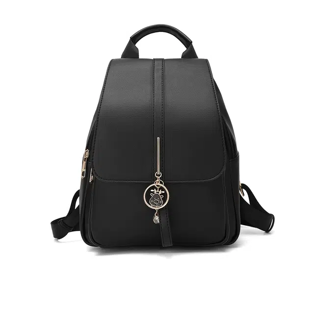 稻草人 小众设计萌牛牛徽章潮流通勤高级感 聚氨酯 背包双肩包 女款 黑色/米白配啡