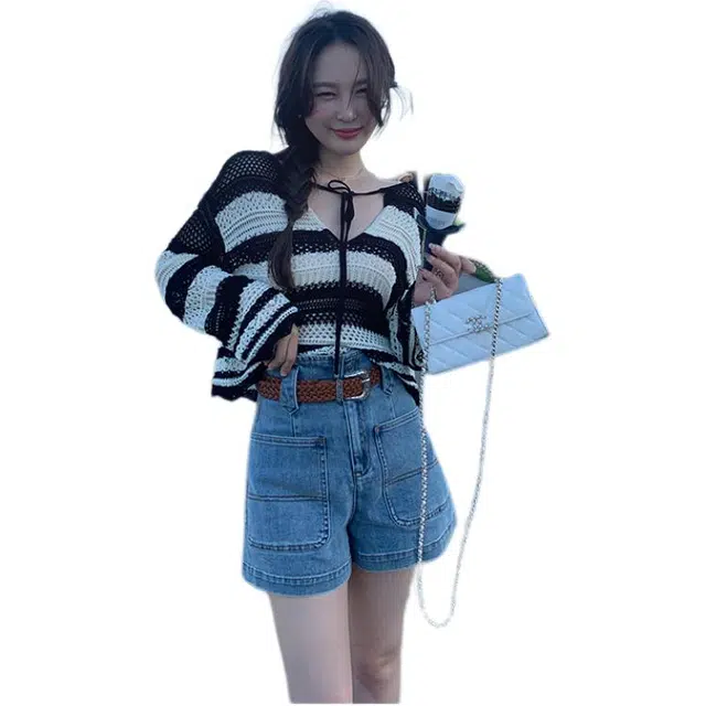 水中花 钩花网织镂空防晒罩衫条纹宽松高级感针织衫 女款 图片色