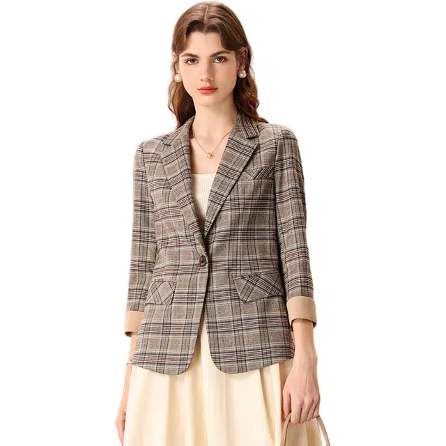 粉红玛琍 修身一粒扣长袖西装 女款 格子