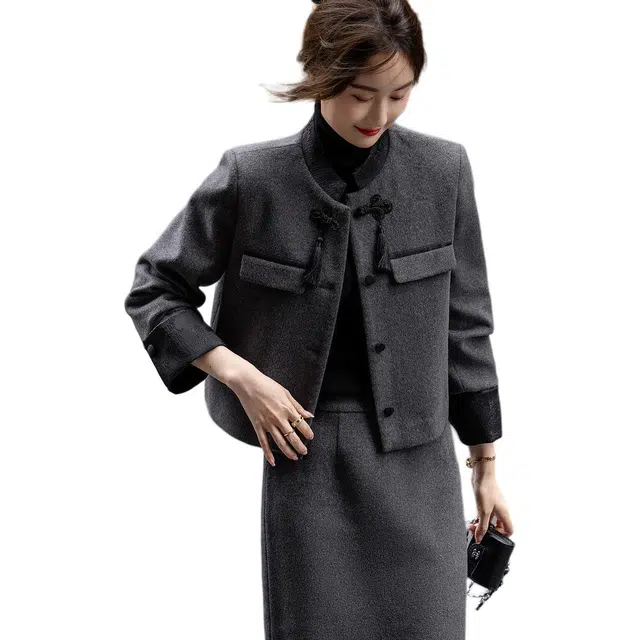 【dme】 纯色时尚半高领单排扣长袖大衣 女款 灰色