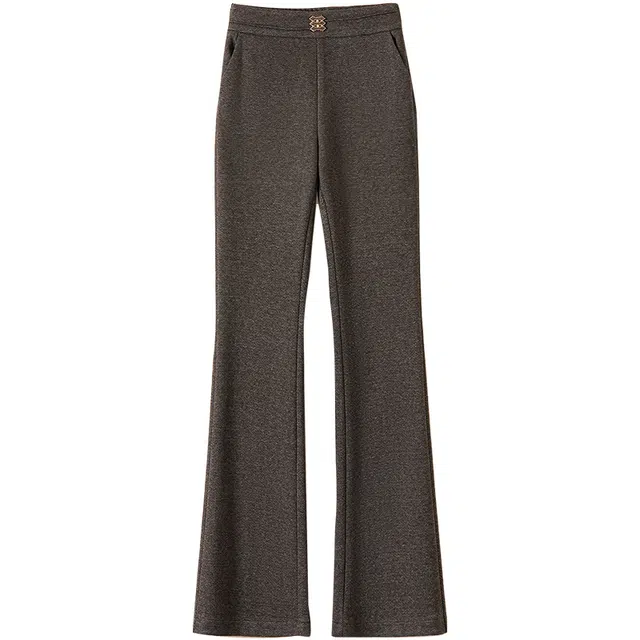 她池 纯色通勤高腰修身气质微喇叭长裤休闲裤 女款 深咖色