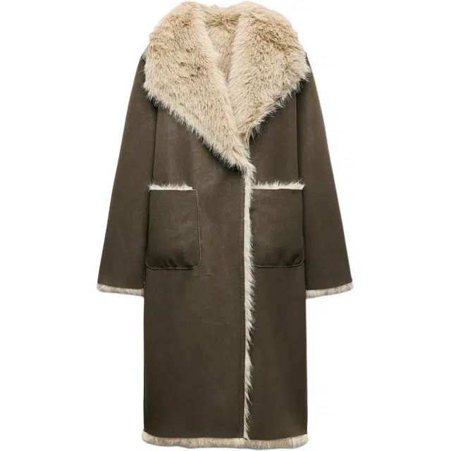 ZARA Reversible Fur Collar Coat Brown Dark Taupe