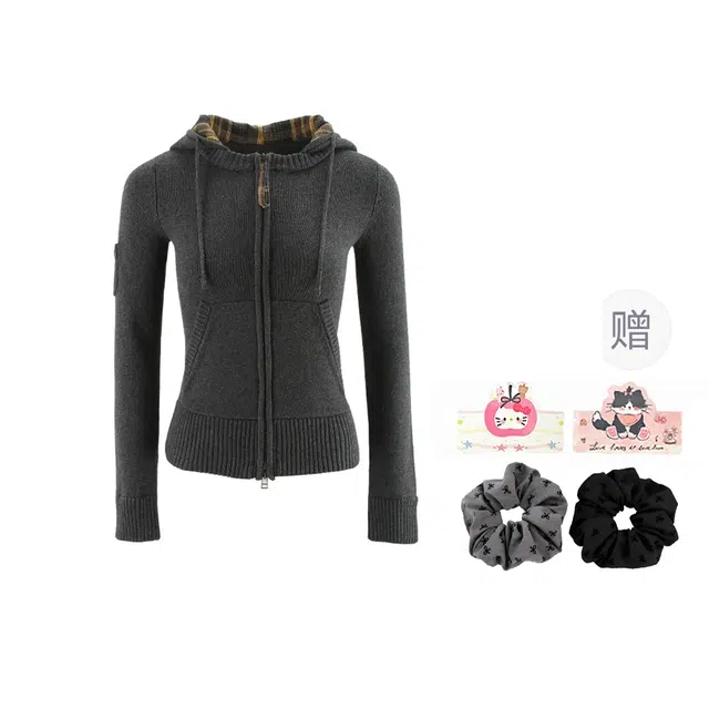 怪力萝莉 慵懒风复古格子拼接修身连帽拉链开衫外套针织衫 女款