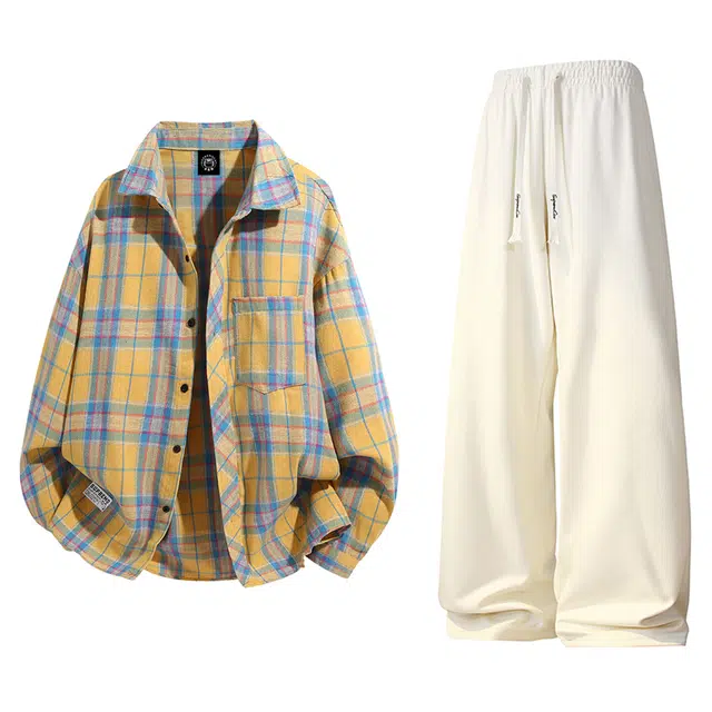 吾皇猫 美式复古高级感格子纹外套宽松抽绳系带阔腿裤舒适柔软休闲运动套装 男女同款