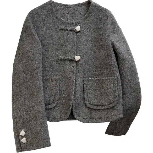 她池 甜美风宽松圆领舒适简约截短外套 女款 灰色