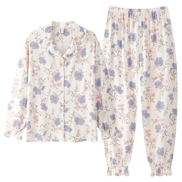 顶瓜瓜 国风长袖长裤休闲甜美舒适花朵家居服睡衣套装 女款