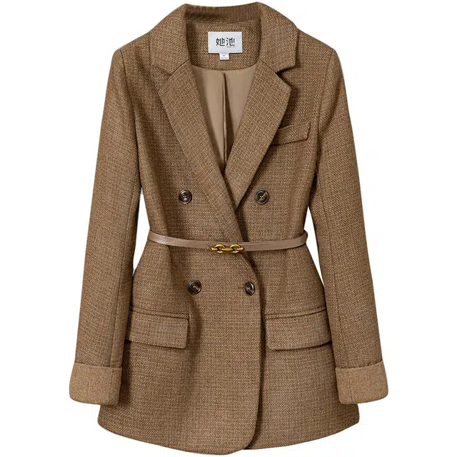 她池 通勤风宽松款复古双排扣西装 女款 咖色