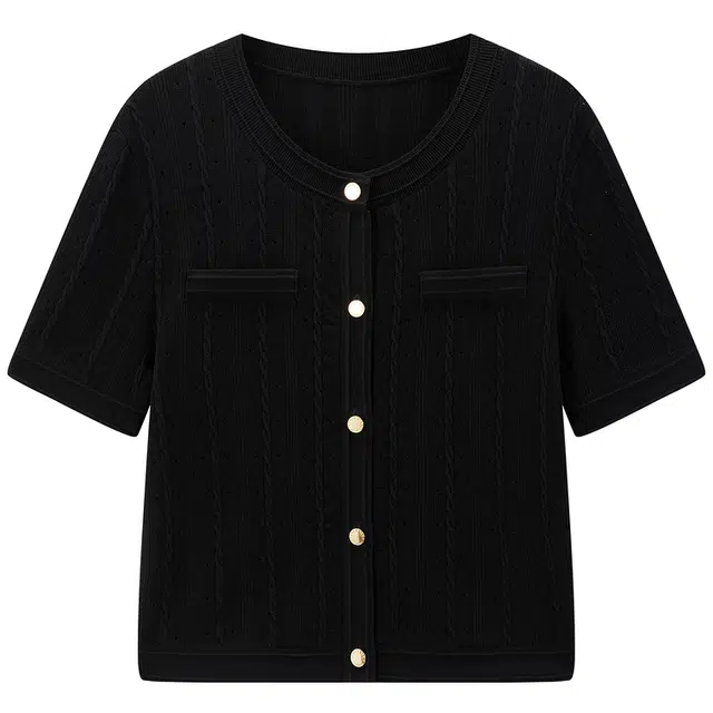 太平鸟 纯色舒适百搭圆领单排扣短袖针织衫 女款 黑色