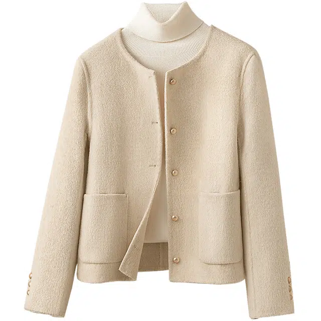 丝柏舍 圆领单排扣气质宽松短款双面呢纯色长袖截短外套 女款 燕麦色