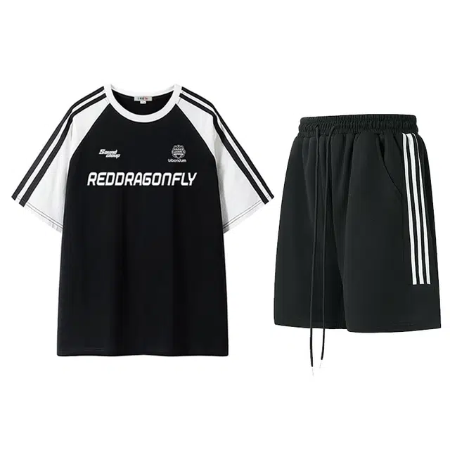 红蜻蜓 插肩条纹拼接宽松透气户外圆领套头短袖直筒系带短裤休闲运动套装 男女同款