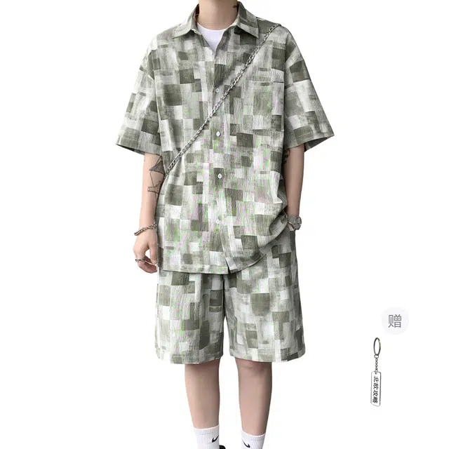 北欧攻略 垂感顺滑飘逸高级感舒适亲肤透气扎染短袖衬衣外套痞帅松弛休闲通勤搭配五分裤懒人免搭一套衬衫套装 男女同款