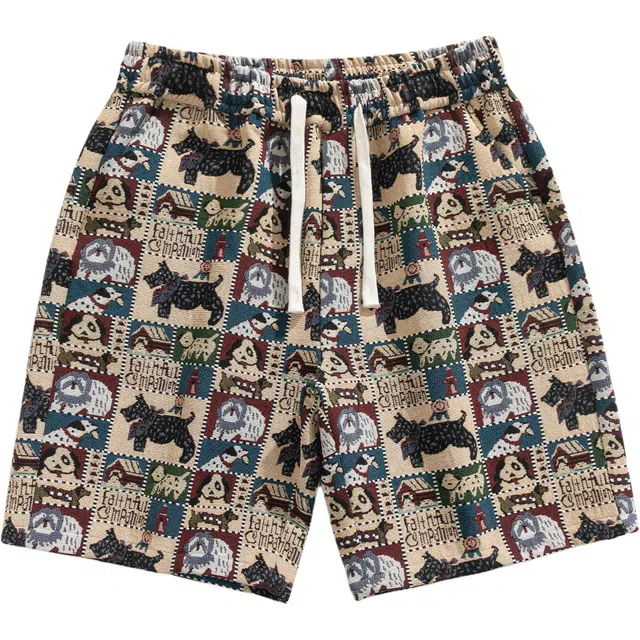 寻星记 新中式国潮卡通狗刺绣高街设计感学院风夏季青春气户外运动宽松透气五分裤薄款直筒休闲短裤 男女同款