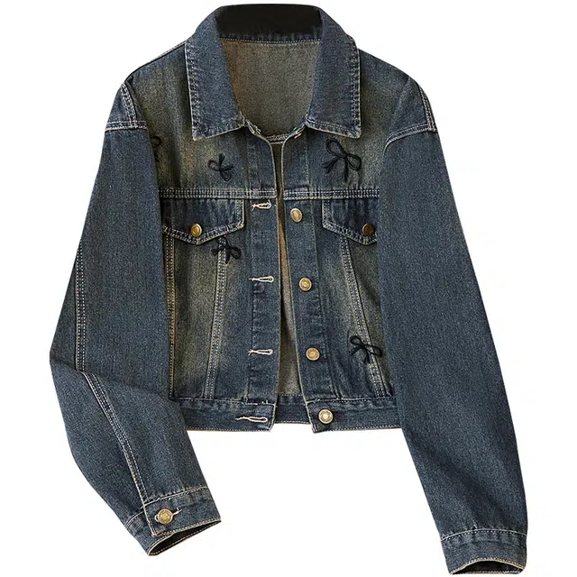 她池 减龄学院风蝴蝶结刺绣水洗宽松牛仔外套 女款 深蓝色