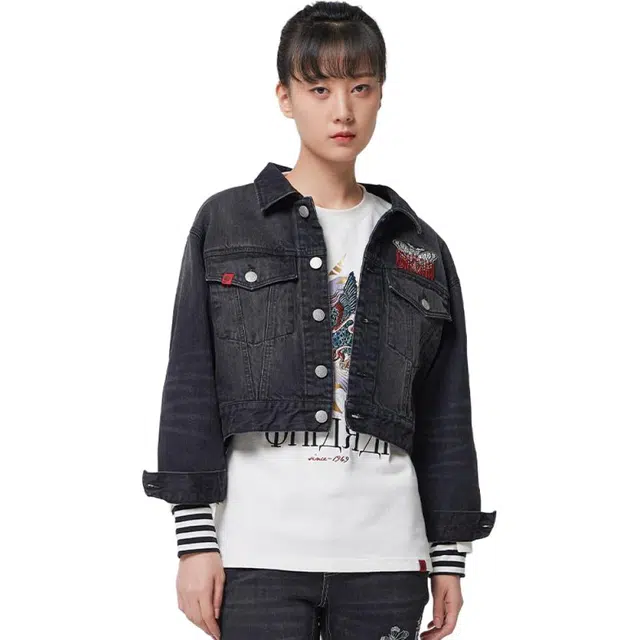 鬼洗 时尚潮流刺绣单排扣牛仔外套 女款 黑色