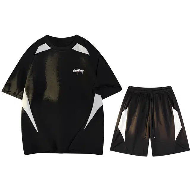 吾皇猫 学院风美式复古拼接网眼设计时尚潮流圆领短袖五分短裤跑步两件套休闲运动套装 男女同款