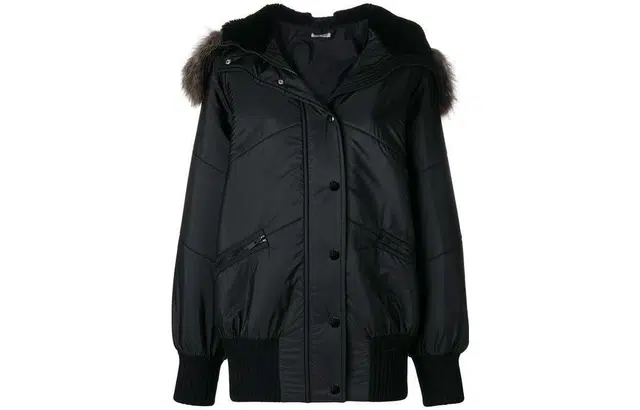 Miu Miu Solid Color Fur Collar Jacket Black