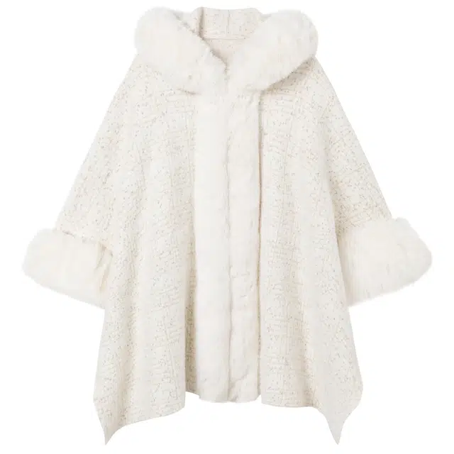 九条喵 加厚加绒斗篷连帽宽松绒感外套 女款 白色
