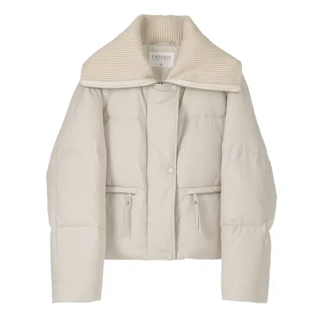 法儿家 轻乳泡芙韩系短款拼接针织羽绒服 女款 米色