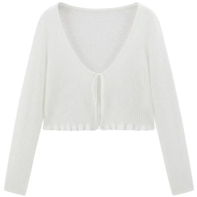 太平鸟 轻薄竹节麻镂空木耳边外搭针织衫 女款 白色