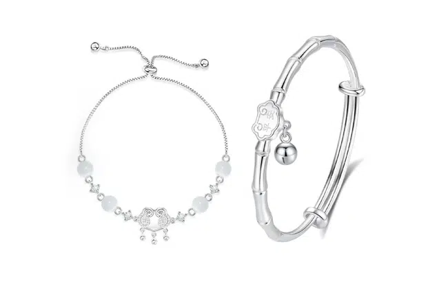 尚银福 竹报平安系列 国潮新中式时尚优雅气质轻奢高级感 古典大气小众创意设计节节高升手饰镯子套装 玻璃猫眼 手链 女款