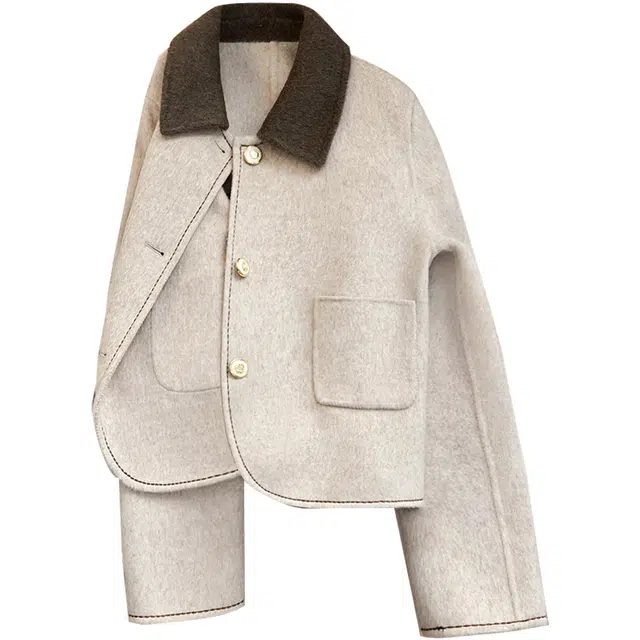 她池 双面呢撞色翻领单排扣宽松长袖截短外套 女款 燕麦色