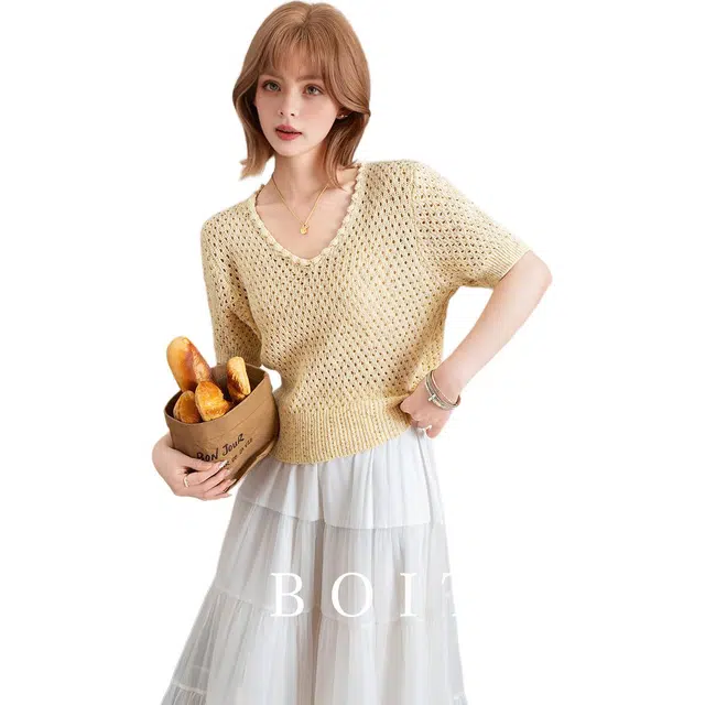 法文箱子 甜美百搭简约短袖针织衫 女款