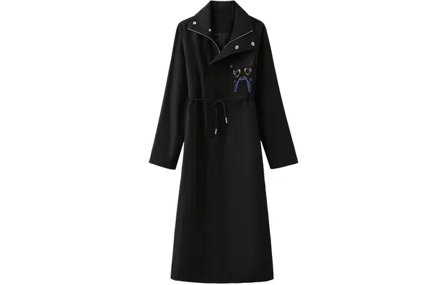 恒源祥 纯色翻领图案刺绣贴袋中长款风衣 女款 黑色