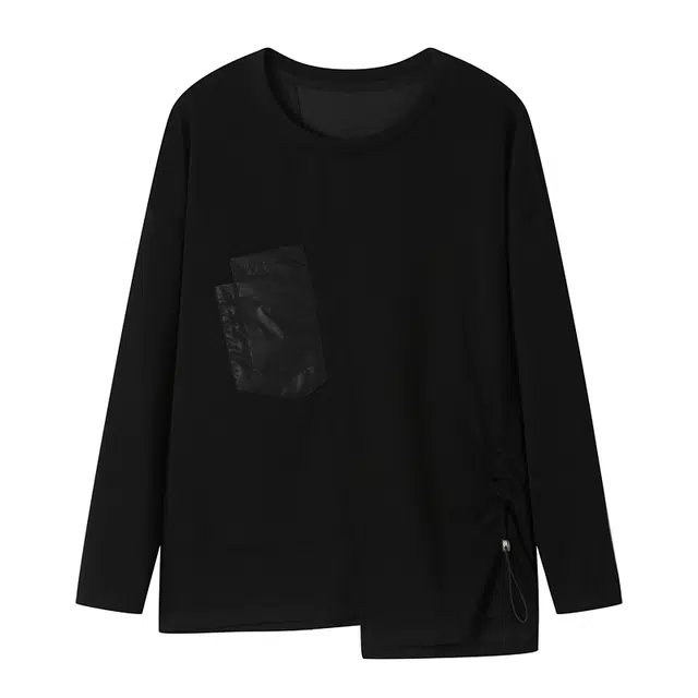 曲韩 不规则抽绳口袋上衣个性时尚圆领长袖春季卫衣 女款 暗夜黑