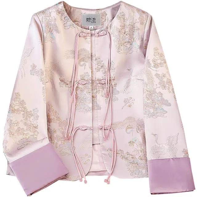 她池 新中式盘扣圆领长袖截短外套 女款 粉紫色