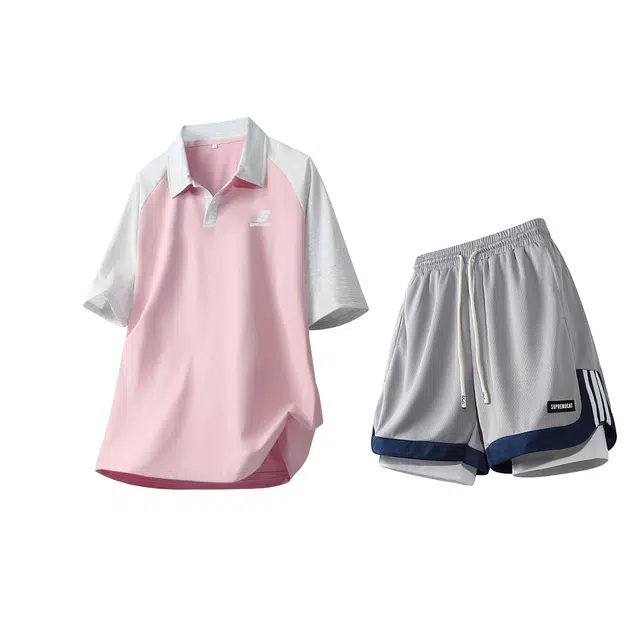 吾皇猫 美式潮流拼接宽松百搭短袖假两件网眼篮球时尚短裤休闲运动套装 男女同款