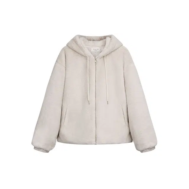 花山家的猫 连帽长袖纯色保暖宽松绒感外套 女款 杏色