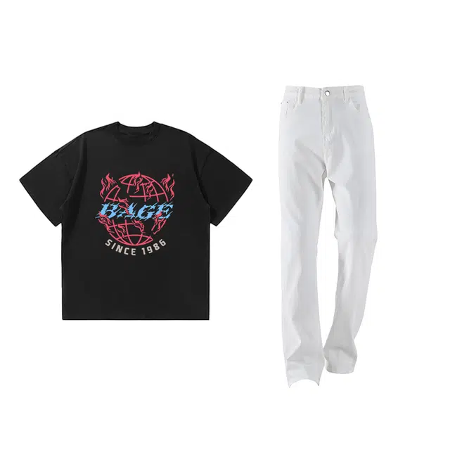 八哥 美式高街简约基础款舒适时尚百搭潮流创意适中字母纯色常规宽松圆领拉链落肩套头中腰短袖长裤休闲运动套装 男女同款