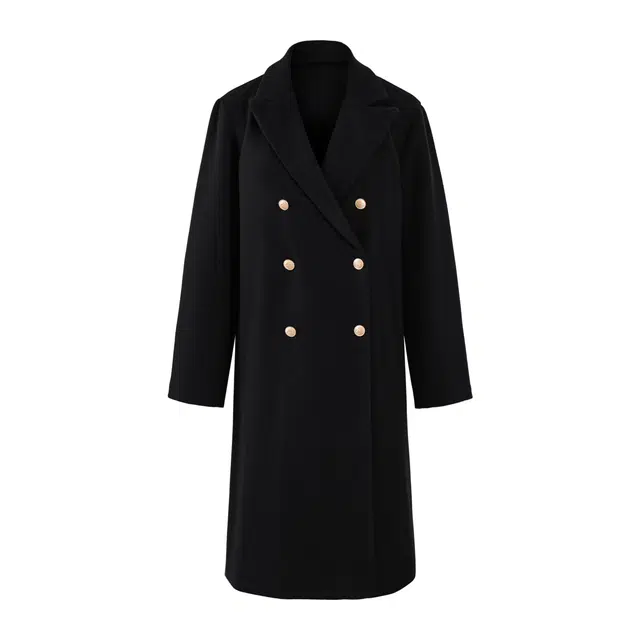 九条喵 纯色西装领双排扣毛呢长款大衣 女款
