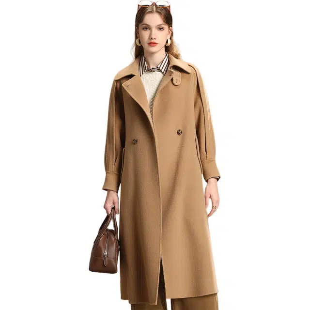 粉红玛琍 翻领纯色中长款长袖系带大衣 女款