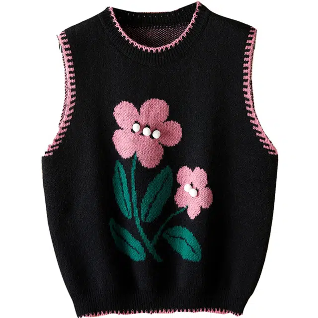 她池 大花针织设计感马甲圆领套头无袖马夹 女款 黑色