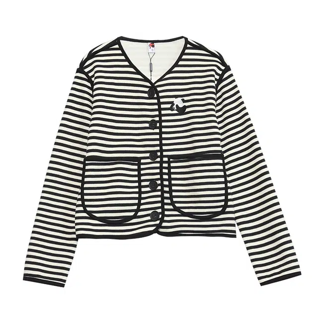 木果果木 圆领口袋单排扣条纹截短外套 女款 黑白
