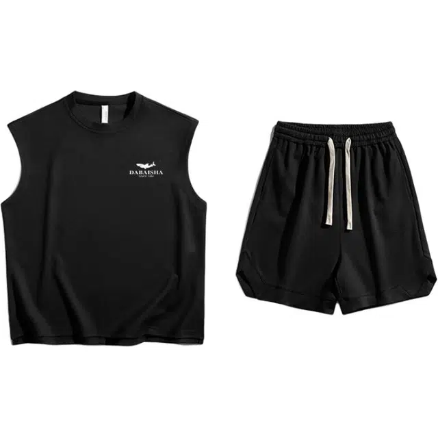 大白鲨 时尚舒服无袖上衣潮牌简约百搭纯色短裤休闲运动套装 男款