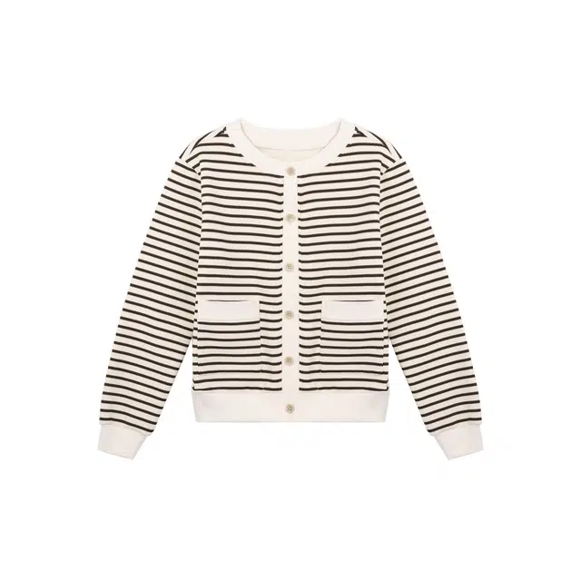 麓蔓蒂 拼色条纹圆领单排扣休闲绒感外套 女款