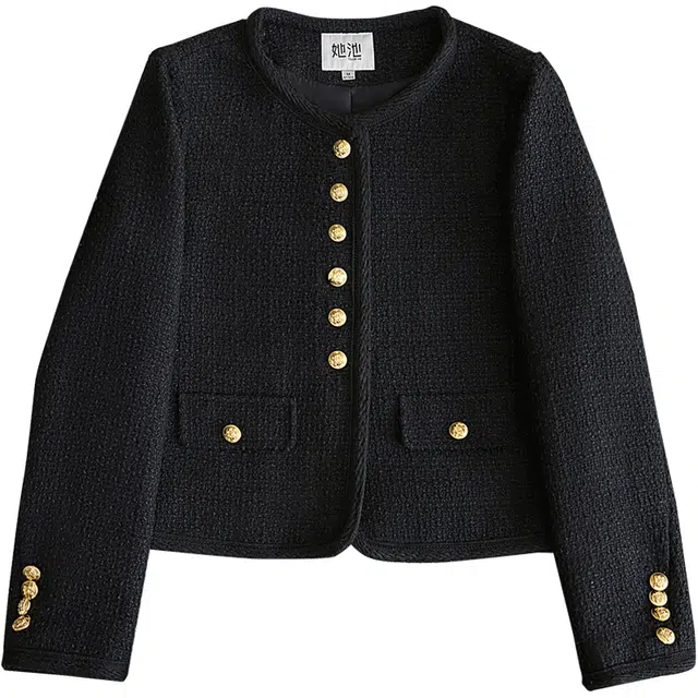 她池 法式小香风圆领单排扣撞色舒适长袖截短外套 女款 黑色