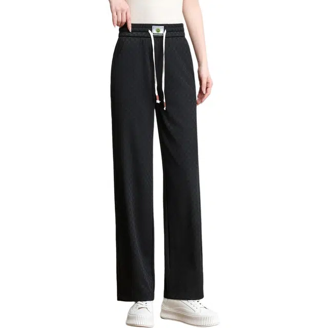 粉红玛琍 格纹高腰抽绳直筒休闲裤 女款 黑色