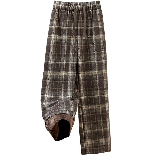 她池 复古高腰宽松厚款阔腿裤舒适通勤休闲裤 女款 咖色格纹