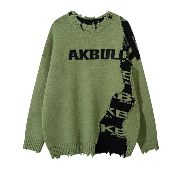 桴生 潮牌美式复古磨破设计感休闲圆领宽松针织衫 男女同款