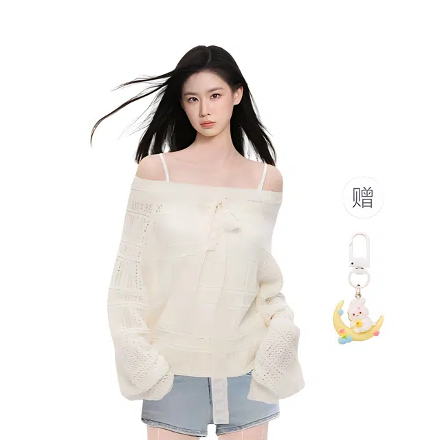 柏黛妃 露肩斜肩防晒罩衫女吊带外搭一字肩蝴蝶结长袖针织衫 女款 杏色+赠品