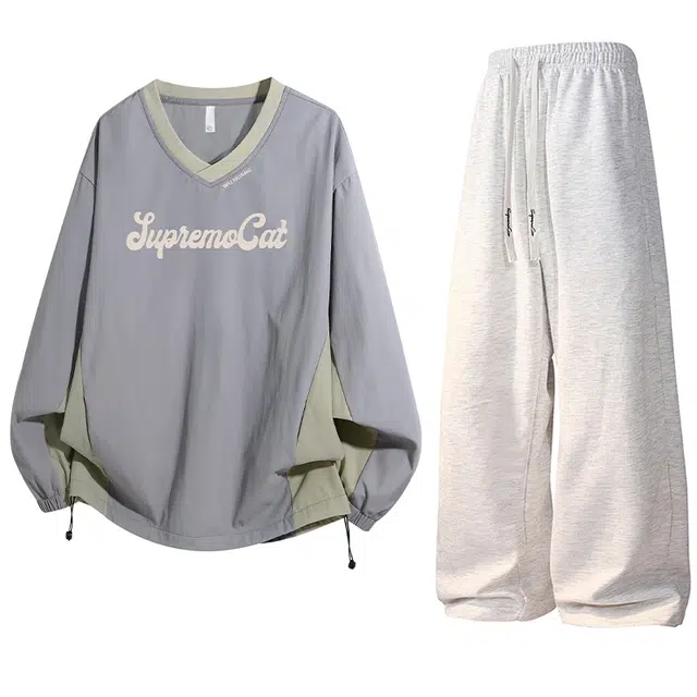 吾皇猫 撞色拼接罗纹高级设计舒适上衣百搭宽松直筒垂感拖地长裤柔软户外休闲运动套装 男女同款