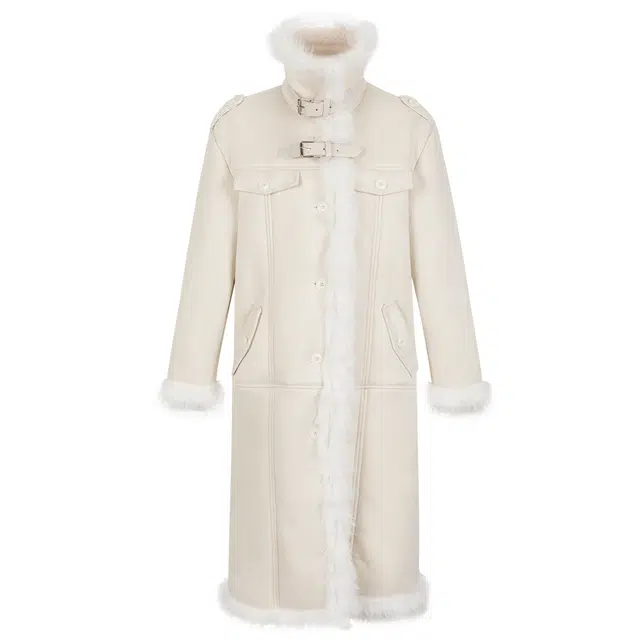 九条喵 纯色立领厚款保暖单排扣长款大衣 女款 乳白色